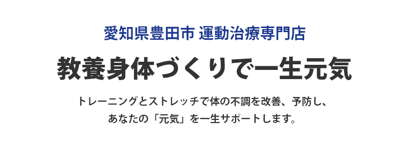 愛知県豊田市 運動治療専門店　教養身体づくりで一生元気　トレーニングとストレッチで体の不調を改善、予防し、 あなたの「元気」を一生サポートします。